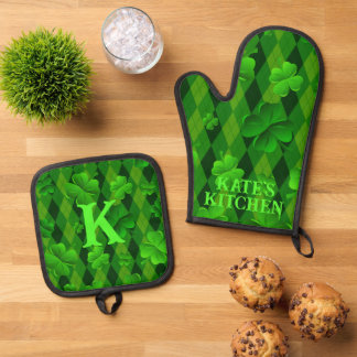 Set De Manoplas Green Argyle Clover Irish Personalizado