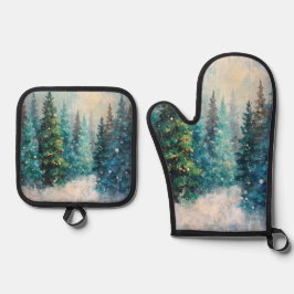 Set De Manoplas Green Christmas Trees Winter Forest