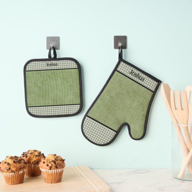 Set De Manoplas Green Linen and Gingham Check Personalizado (Insitu (colgante))
