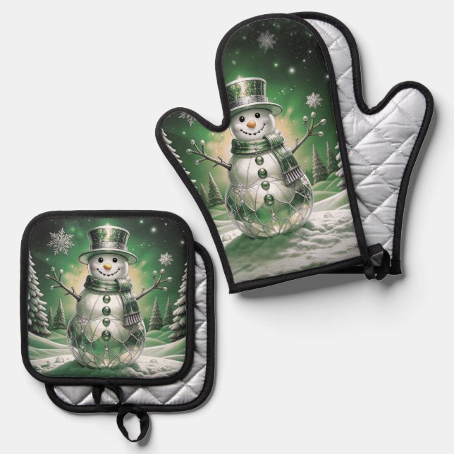 Set De Manoplas Green Snowman Snowflakes (Anverso/Reverso)