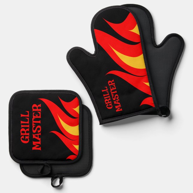 Set De Manoplas Grill Master BBQ llamas de fuego personalizadas (Anverso/Reverso)