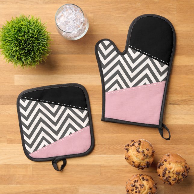Set De Manoplas Gris Zigzag, Gris Chevron, Zigzag Pattern, Rosa (De arriba hacia abajo)