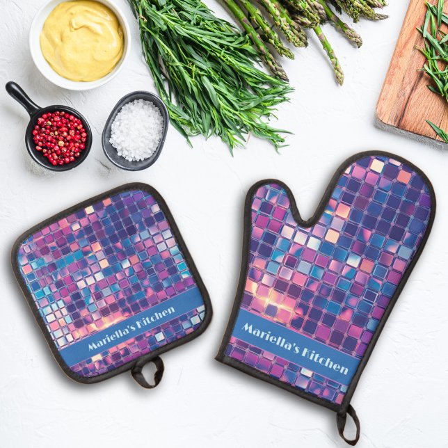 Set De Manoplas Groovy Blue & Purple Disco Ball Personalizado (Groovy Blue & Purple Disco Ball Personalized Oven Mitt and Pot Holder Set)