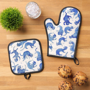 Set De Manoplas Guante de horno con patrón de gatos flotantes azul