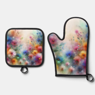 Set De Manoplas Guante de horno y agarrador de flores acuarelas ab