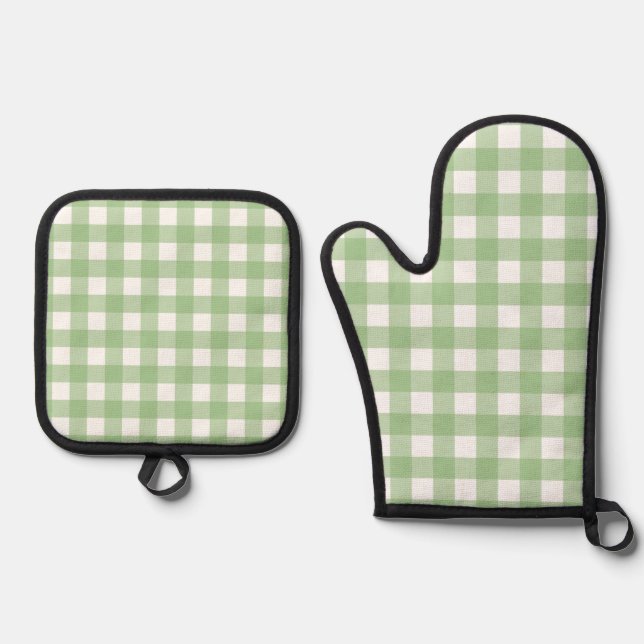 Set De Manoplas Guantes de Cocina de Gingham Verde (Anverso)