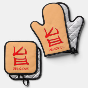 Set De Manoplas Guantes de cocina rojos deliciosos Kanji para horn