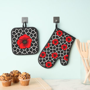 Set De Manoplas Guantes de horno florales negros y amapola roja n