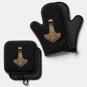 Set De Manoplas Guantes de horno negros Martillo de Thor de oro pr