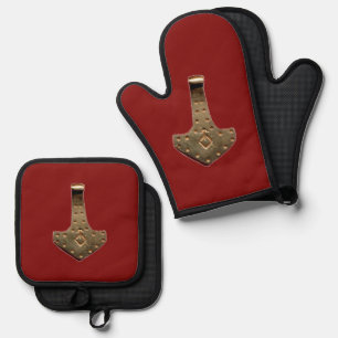 Set De Manoplas Guantes de horno rojos Martillo de Thor dorado pro