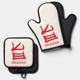 Set De Manoplas Guantes de horno rojos y blancos Kanji Delicioso