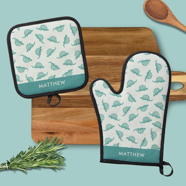 Set De Manoplas Guantes de horno y agarradores de dinosaurio (Personalised dinosaur oven glove and oven mitt set)