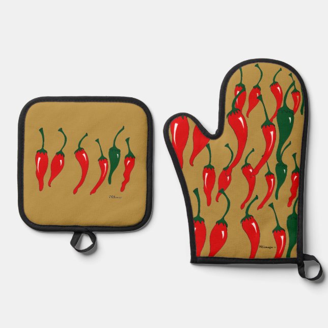 Set De Manoplas Guantes de horno y protectores de olla de chiles (Anverso)
