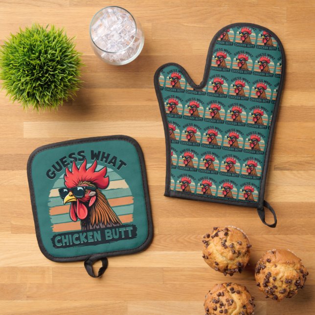 Set De Manoplas Guess What Chicken Butt Funny Retro Rooster (De arriba hacia abajo)