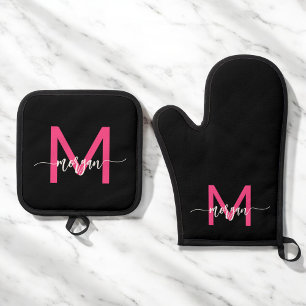 Set De Manoplas Guión de cocina del Chica de monograma negro rosad