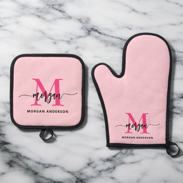Set De Manoplas Guión de cocina del Chica Monograma Rosado Calient (Subido por el creador)