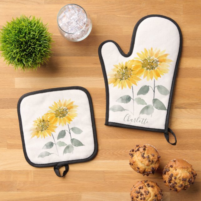Set De Manoplas Guión personalizado del girasol floral (De arriba hacia abajo)
