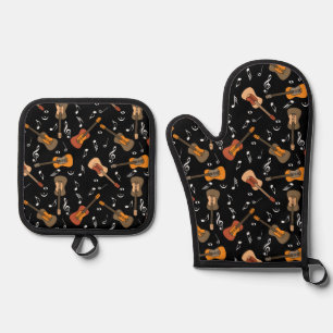 Set De Manoplas Guitar Music Notes Pattern Neck Tie