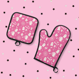 Set De Manoplas Halloween blanco y rosado espeluznante