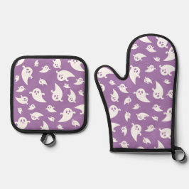 Set De Manoplas Halloween Con Patrón De Fantasma Morado Y Blanco
