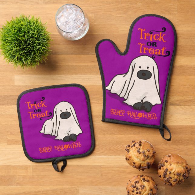 Set De Manoplas Halloween Cute Whimsical Ghost Dog Purple (De arriba hacia abajo)