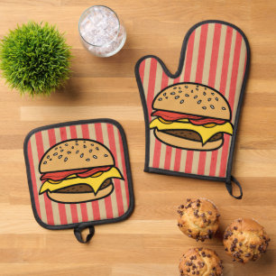 Set De Manoplas Hamburguesas de arte retro bonito rayas rojas Madr