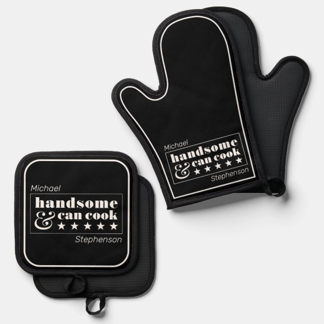 Set De Manoplas Handsome & Can Cook Mens Black White Father's Day (Anverso/Reverso)