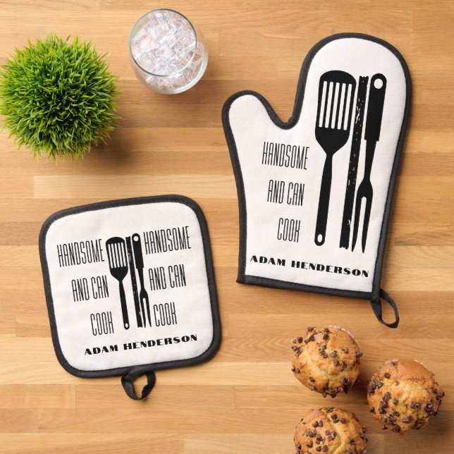 Set De Manoplas Handsome y Can Cook Custom Name (De arriba hacia abajo)