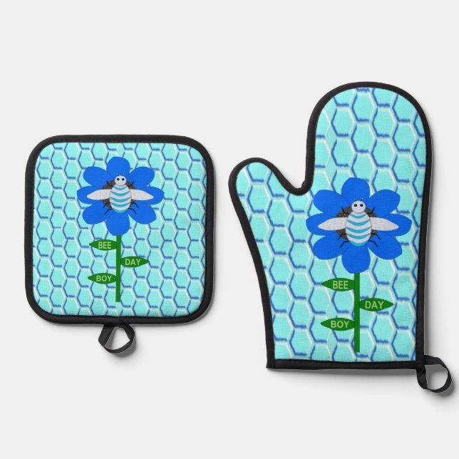 Set De Manoplas Happy Bee Day Boy Blue Birthday Bumblebee (Anverso)
