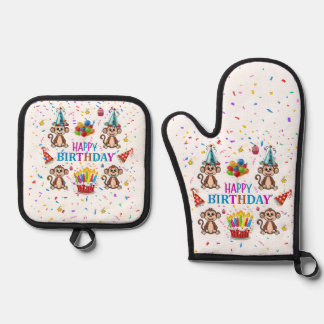 Set De Manoplas Happy Birthday Monkey Oven Mitt and Pot Holder