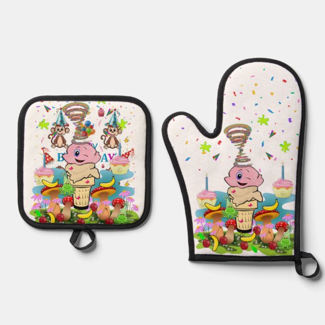 Set De Manoplas Happy Birthday Oven Mitt and Pot Holder (Anverso)