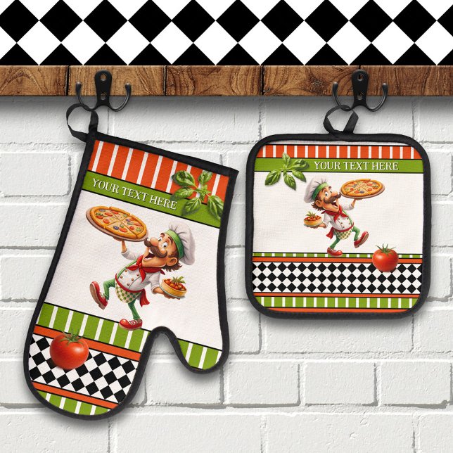 Set De Manoplas Happy Italian Pizza Baker (Oven mitt and pot holder set showing a whimsical illustration of a pizza baker with tomato and basil)