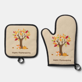 Set De Manoplas Happy Thanksgiving with Tree, Fox & Pumpkin