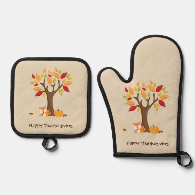 Set De Manoplas Happy Thanksgiving with Tree, Fox & Pumpkin (Anverso)