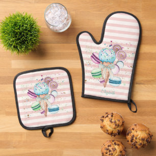 Set De Manoplas Helado de acuarela, Macarrones, Rayas rosadas