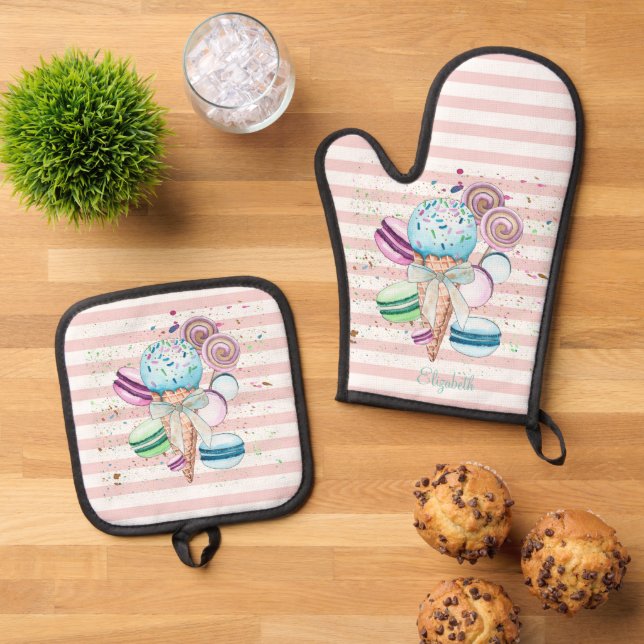 Set De Manoplas Helado de acuarela, Macarrones, Rayas rosadas (De arriba hacia abajo)
