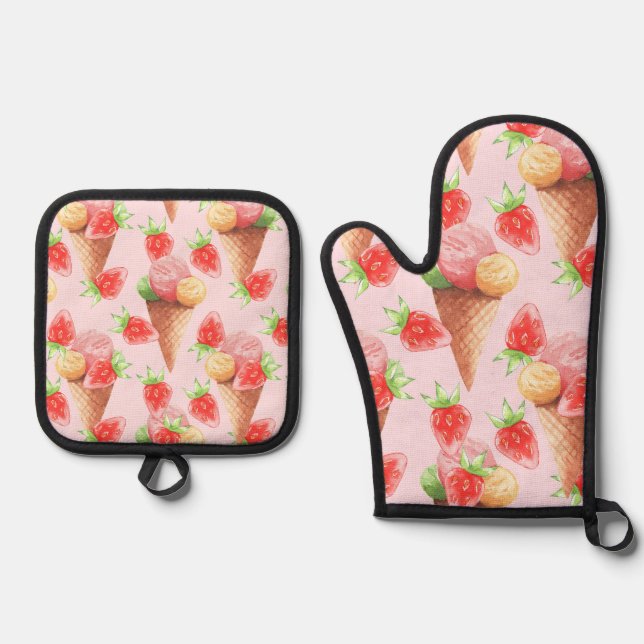 Set De Manoplas Helado De Fresa Dulce Acuarela Apro (Anverso)