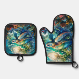 Set De Manoplas Hermosa Tortuga De Mar Bañada Apretada