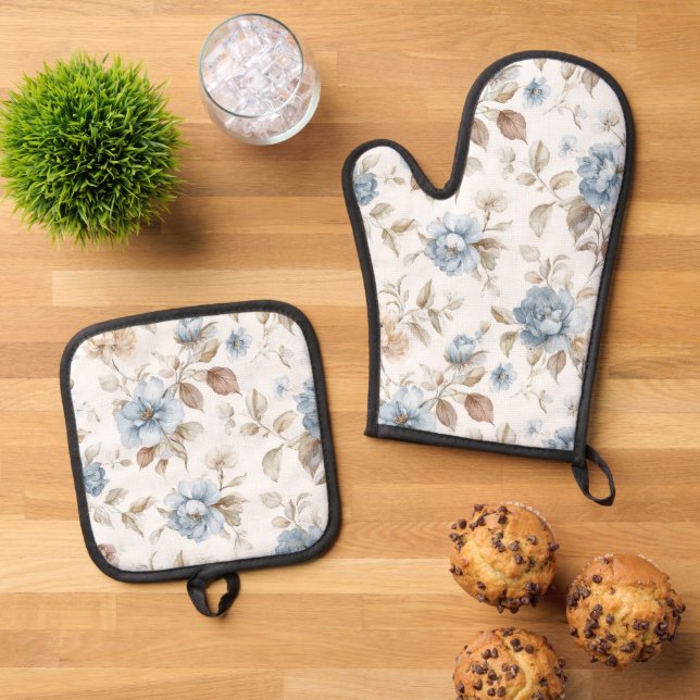 Set De Manoplas Hermosas Flores Azules Crema Marrón Claro (De arriba hacia abajo)