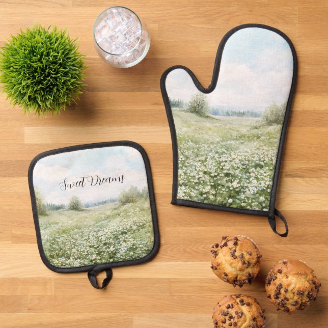 Set De Manoplas Hermosas flores de prado verde cielo azul (De arriba hacia abajo)