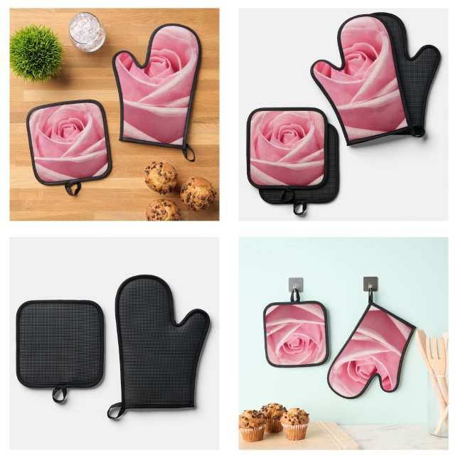 Set De Manoplas Hermoso diseño de flores de rosa rosado (Beautiful Cute Pink Rose Flower Design Oven Mitt & Pot Holder Set
)