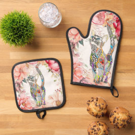 Set De Manoplas Hermoso Gato Floral