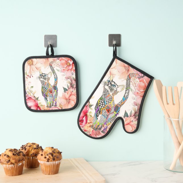 Set De Manoplas Hermoso gato floral curvado (Insitu (colgante))