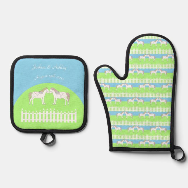 Set De Manoplas Hermoso Personalizado de caballos Boda blanco (Anverso)