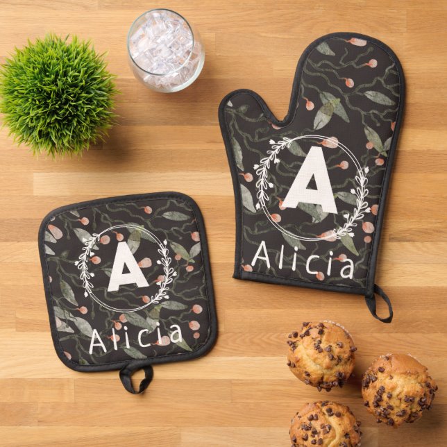 Set De Manoplas Hermoso Personalizado Nombre inicial Patrones flor (De arriba hacia abajo)