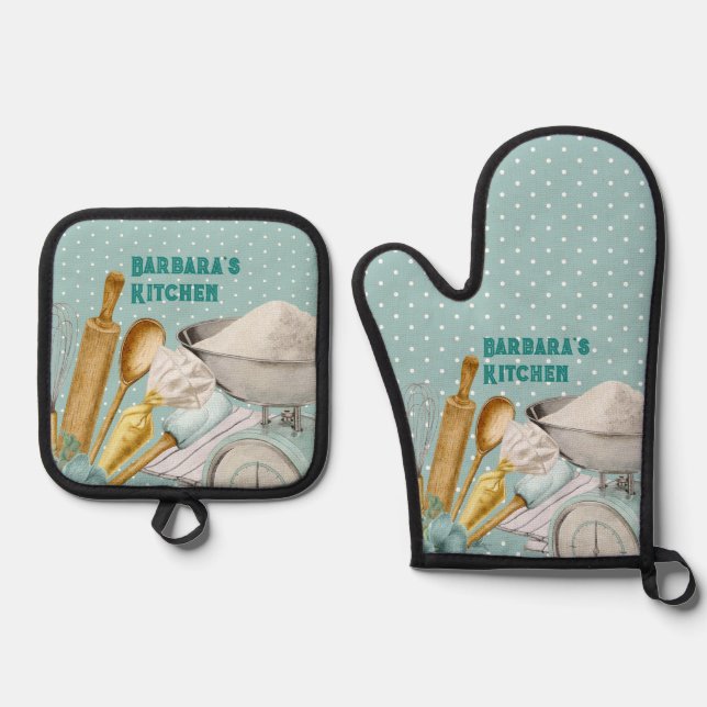 Set De Manoplas Herramientas de cocina para repostería con lunares (Anverso)