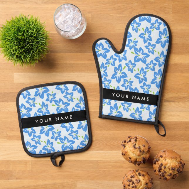 Set De Manoplas Hibiscus azul, Flores azules, tu nombre (De arriba hacia abajo)