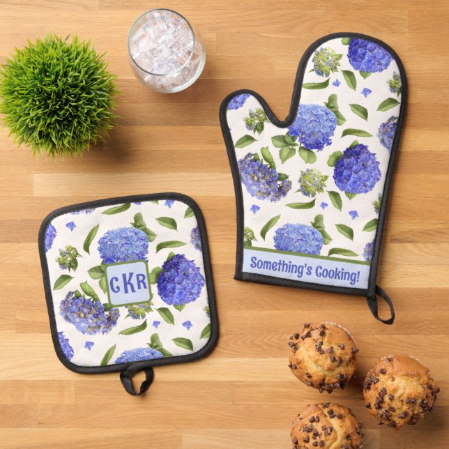 Set De Manoplas Hidrangeas Azules Personalizadas Arte Botánico Flo (De arriba hacia abajo)