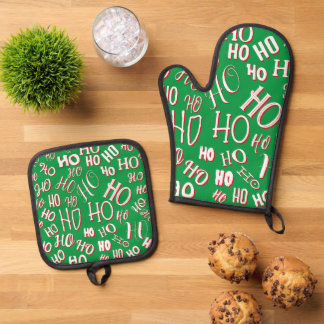 Set De Manoplas HO HO HO patrón de texto de Navidad blanco verde r
