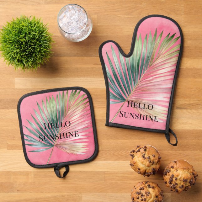Set De Manoplas Hoja Tropical Rosa Verde (De arriba hacia abajo)